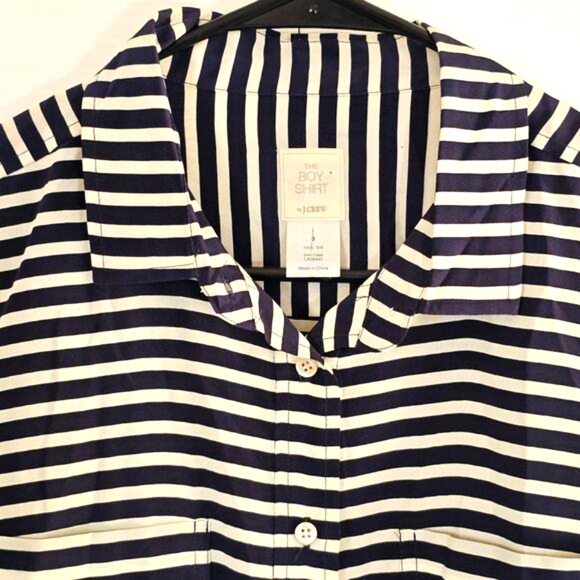 J. Crew Womens The Boy Shirt 8 100% Silk Navy Cream Stripe Pockets Button Blouse - Picture 4 of 10